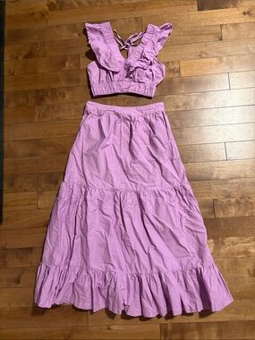 Cotton Lilac Tiered Maxi Skirt and Crop Set- Women's Lightweight Summer Set